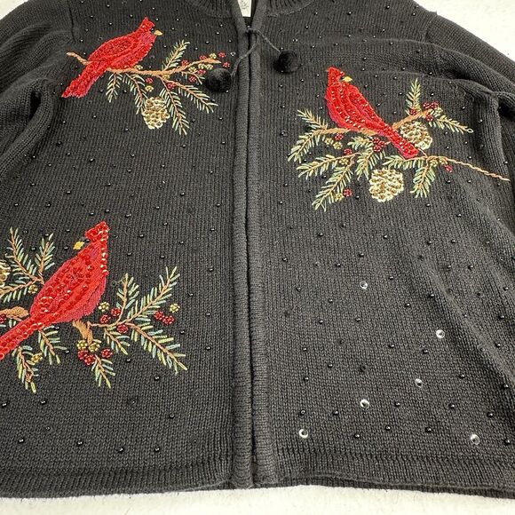 Vtg  Heirloom Collectibles Medium Cardigan Black Sweater Cardinal Beaded Holiday - Picture 4 of 9